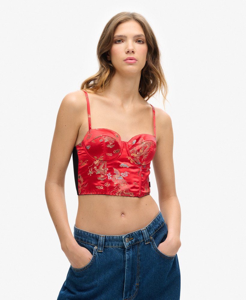 top corset em cetim bordado floral em brocado vermelho