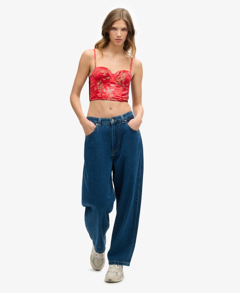 top corset em cetim bordado floral em brocado vermelho