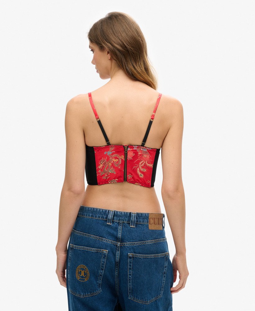top corset em cetim bordado floral em brocado vermelho