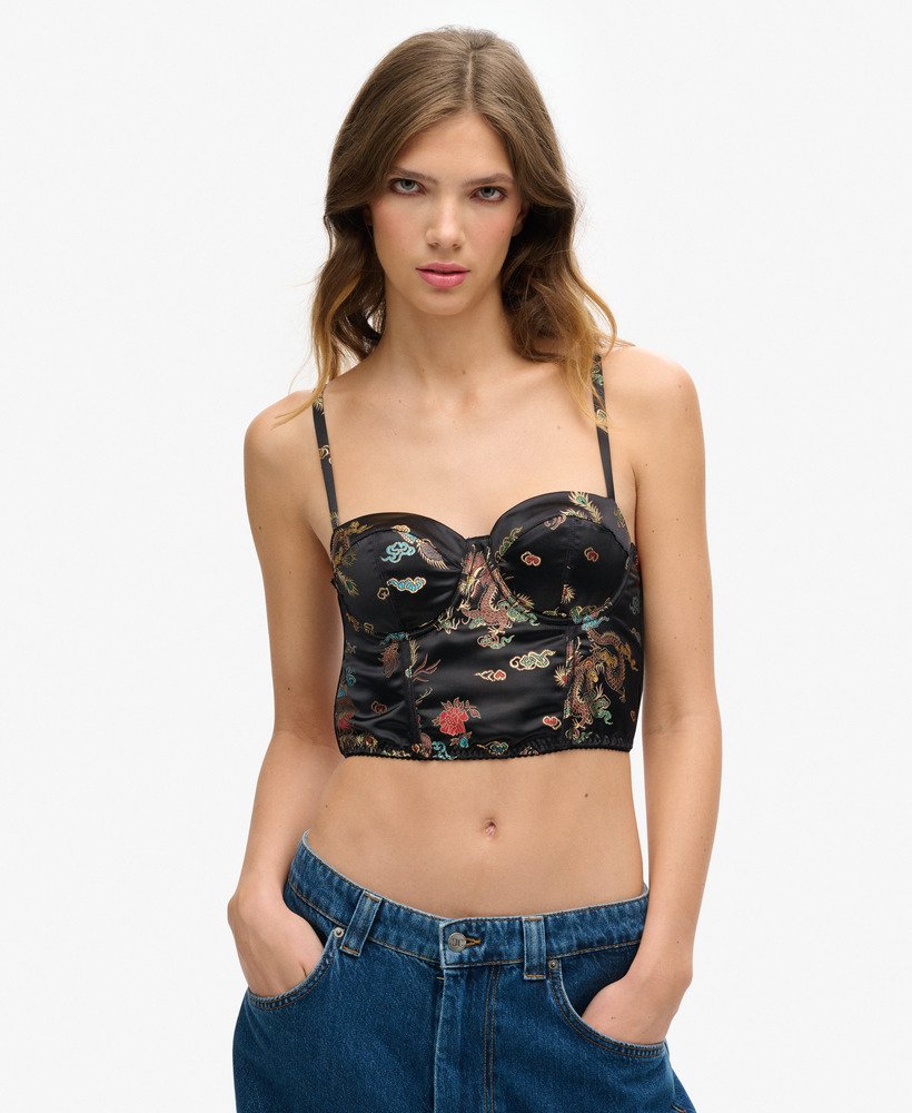 top corset em cetim com bordado floral em brocado preto