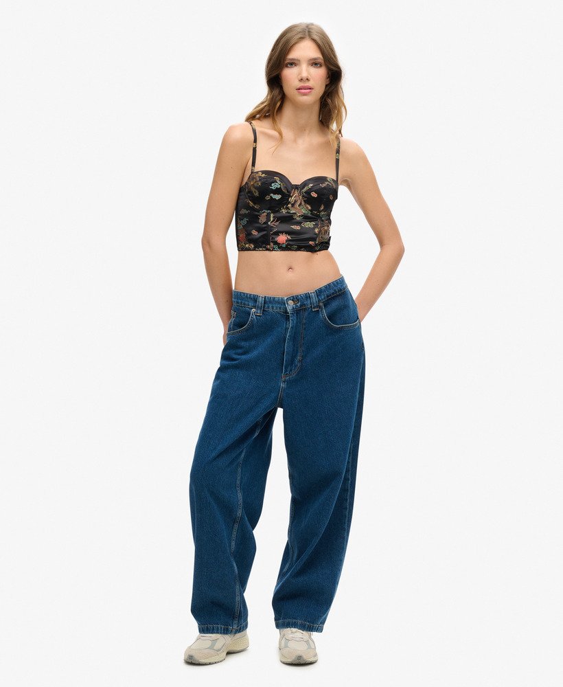 top corset em cetim com bordado floral em brocado preto