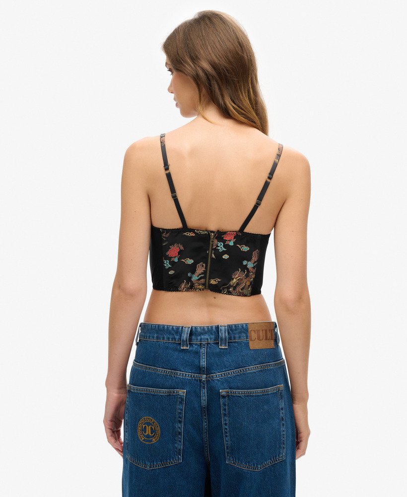 top corset em cetim com bordado floral em brocado preto