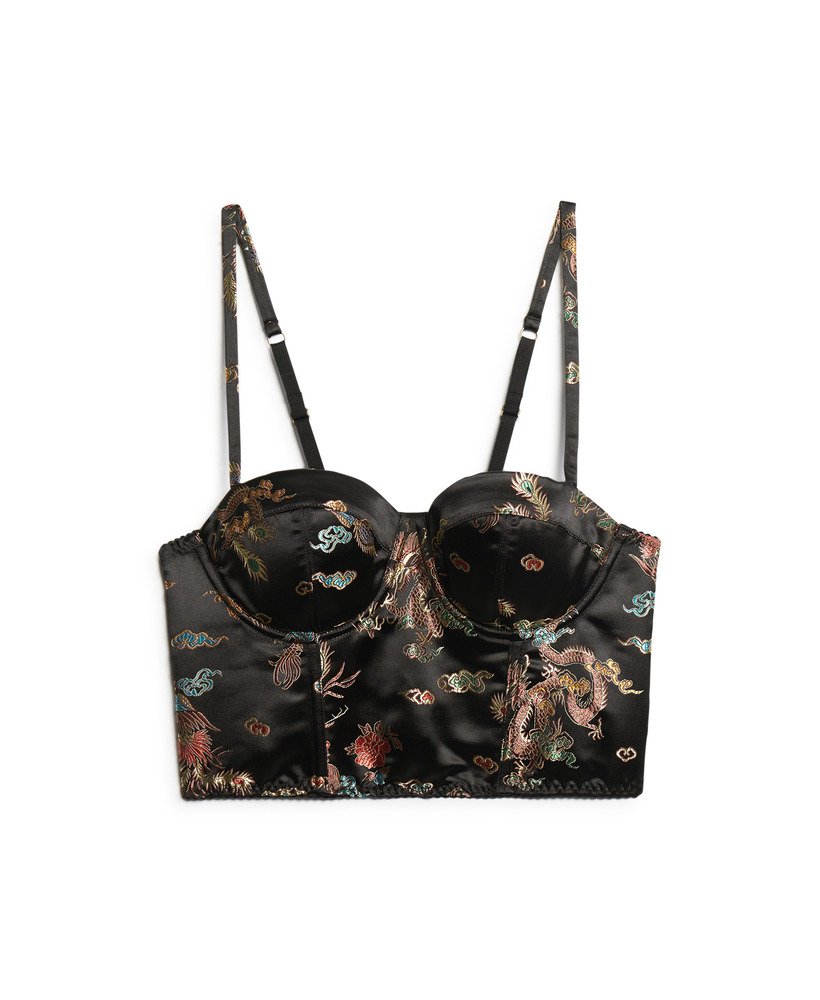 top corset em cetim com bordado floral em brocado preto