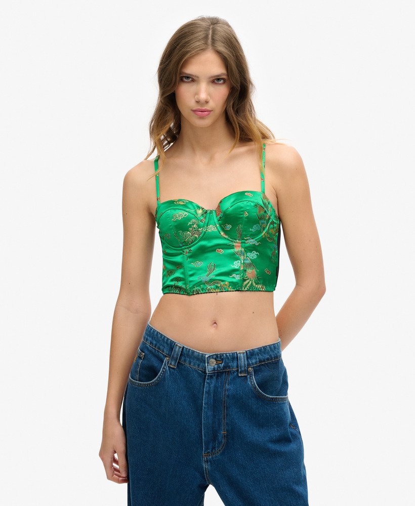 top corset em cetim com bordado floral em brocado verde.
