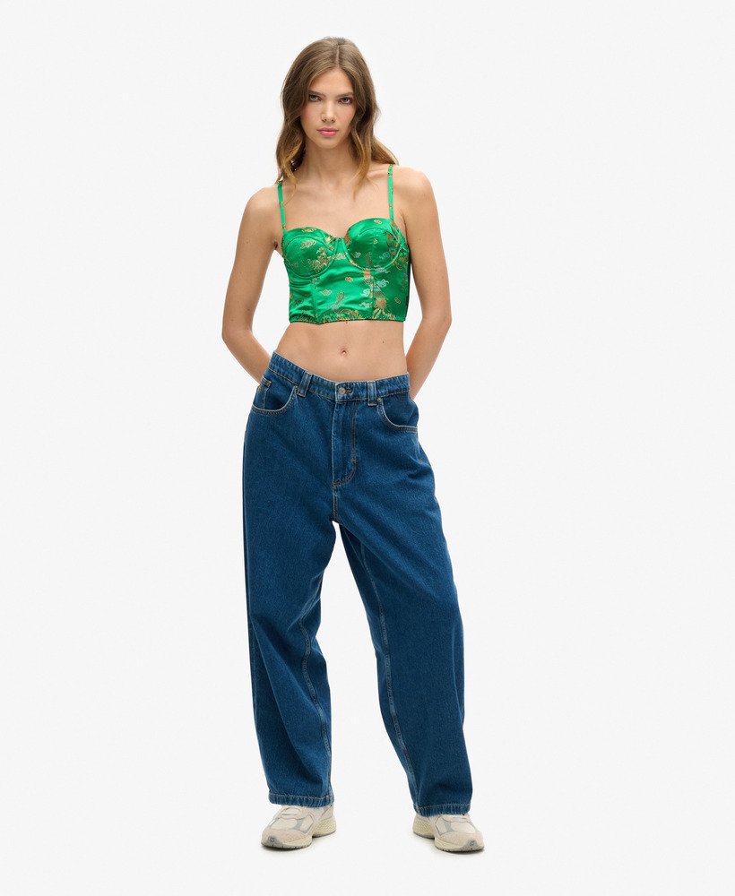 top corset em cetim com bordado floral em brocado verde.