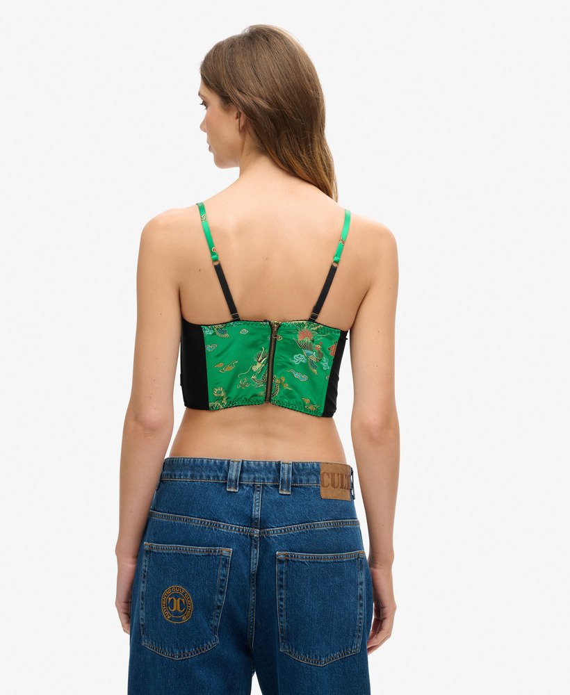 top corset em cetim com bordado floral em brocado verde.