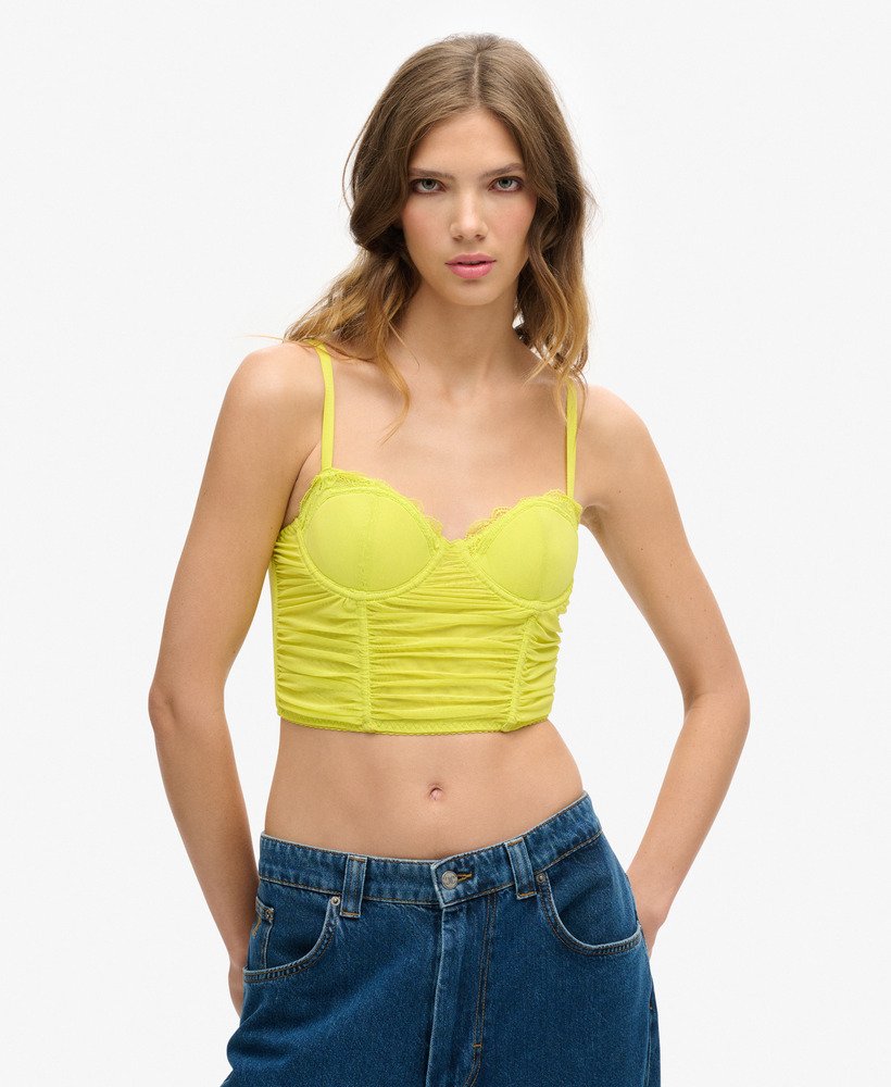 top corset cropped franzido em tule na cor sulphur spring