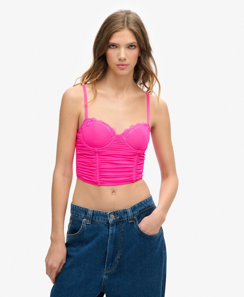 top corset cropped franzido em tule rosa neon