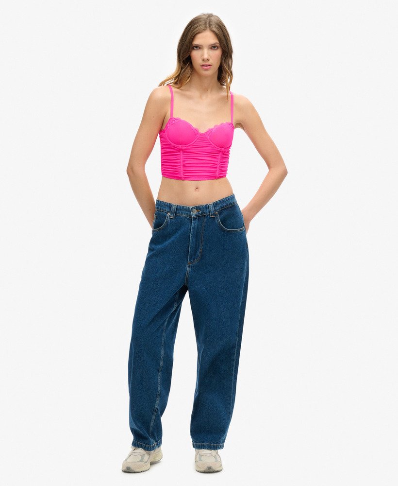 top corset cropped franzido em tule rosa neon
