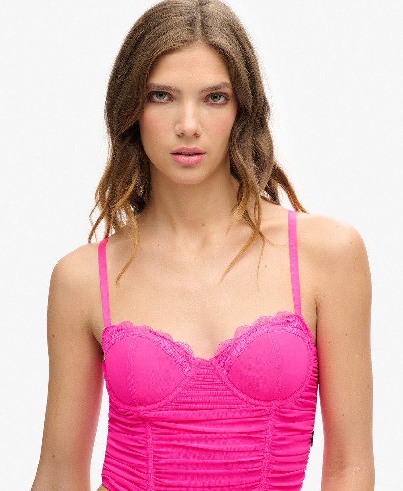 top corset cropped franzido em tule rosa neon