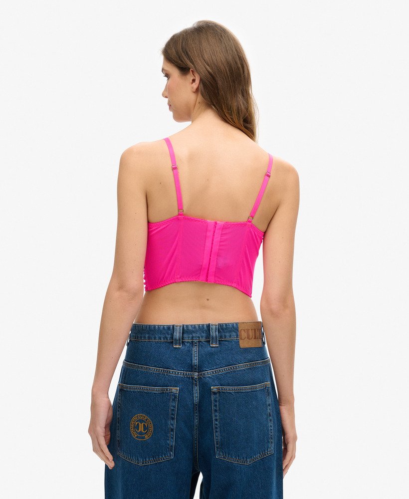 top corset cropped franzido em tule rosa neon