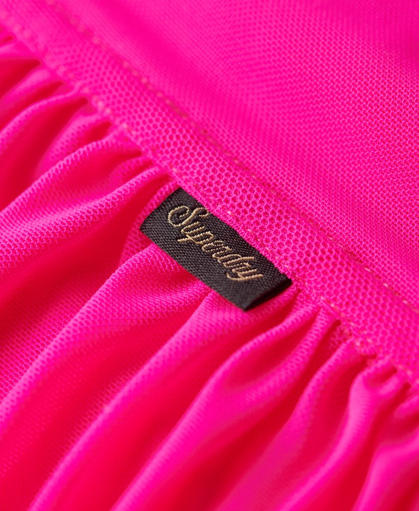 top corset cropped franzido em tule rosa neon