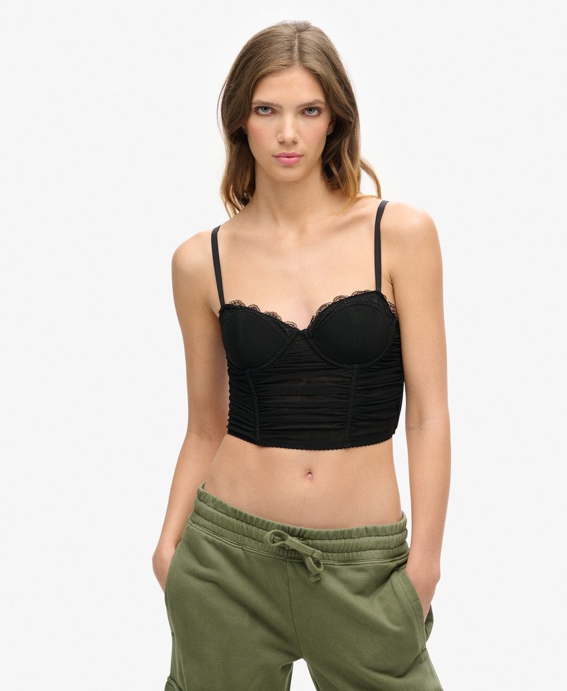 top corset cropped em tule franzido na cor preta