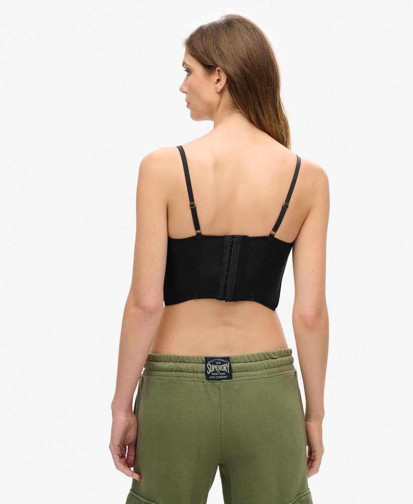 top corset cropped em tule franzido na cor preta