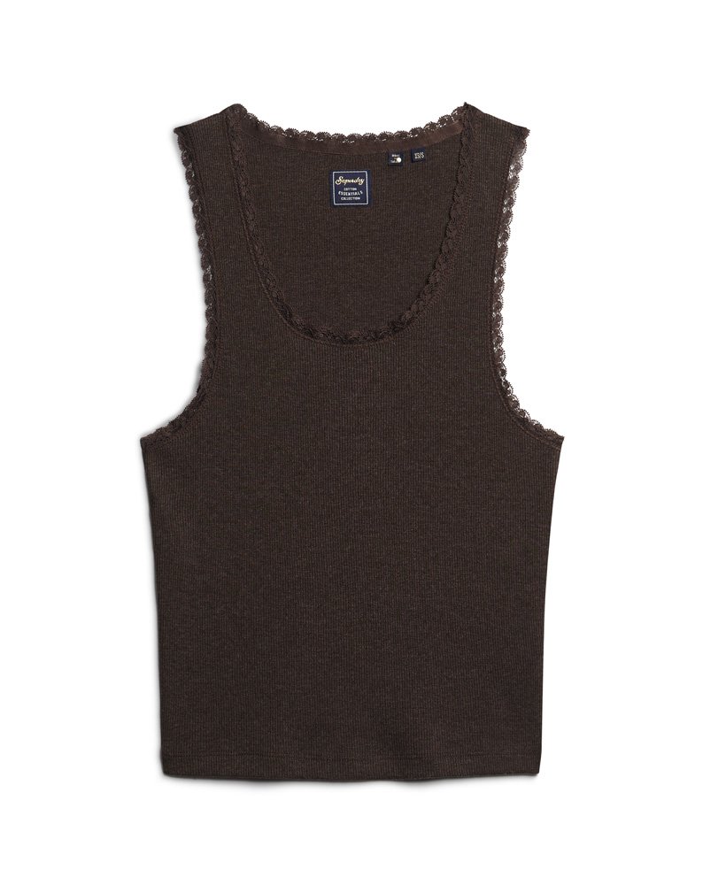 regata athletic essentials vintage com detalhe em renda na cor marrom chocolate mesclado escuro