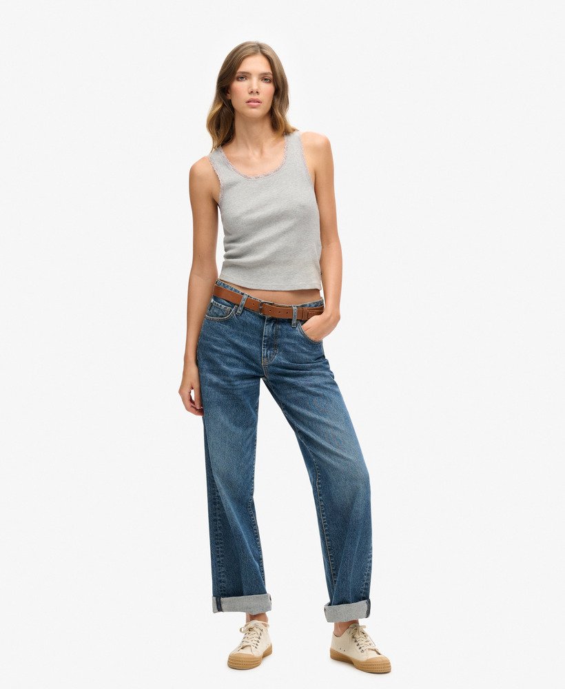 regata athletic essentials vintage com detalhe em renda na cor cinza mesclado