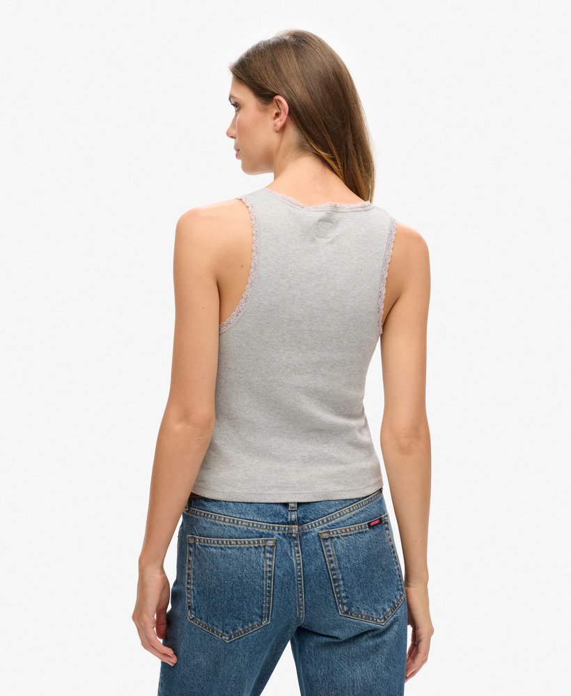 regata athletic essentials vintage com detalhe em renda na cor cinza mesclado