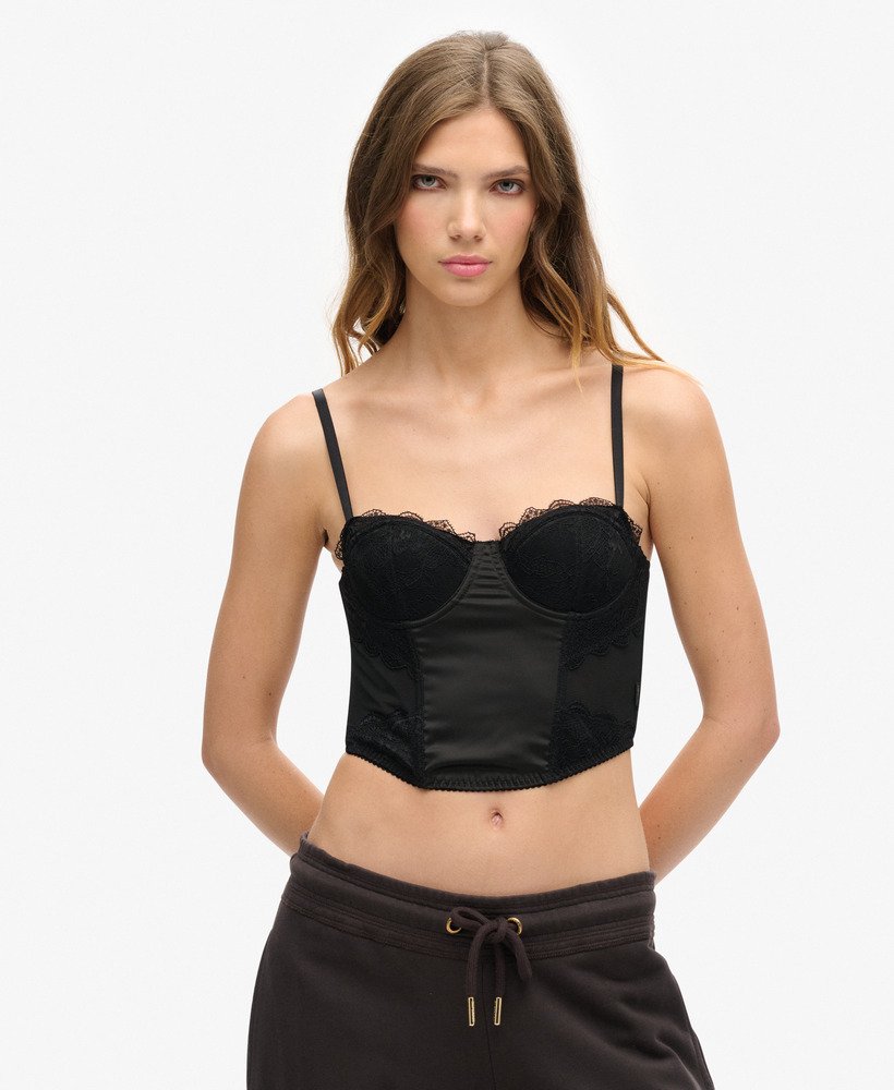 top corset de cetim e renda de tule na cor preta