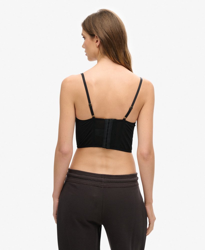 top corset de cetim e renda de tule na cor preta