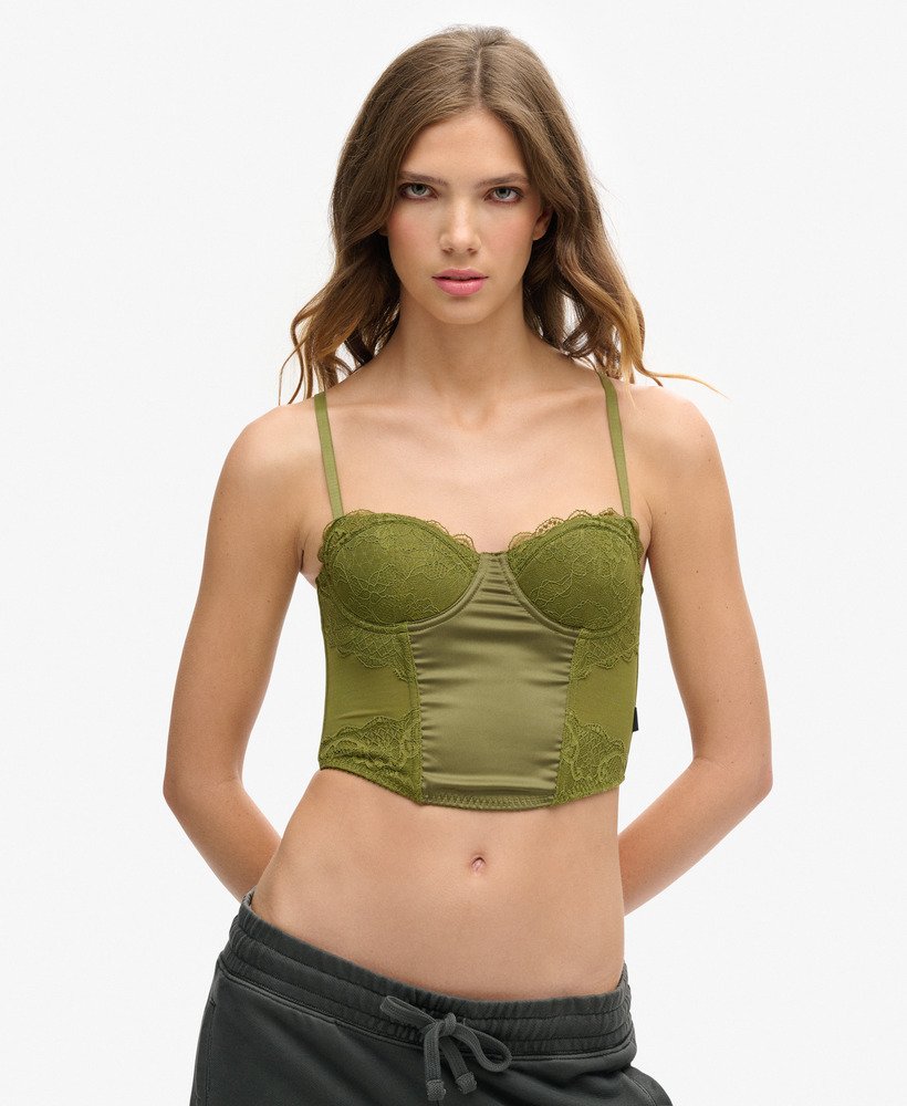top corset em cetim e renda de tule na cor cáqui oliva
