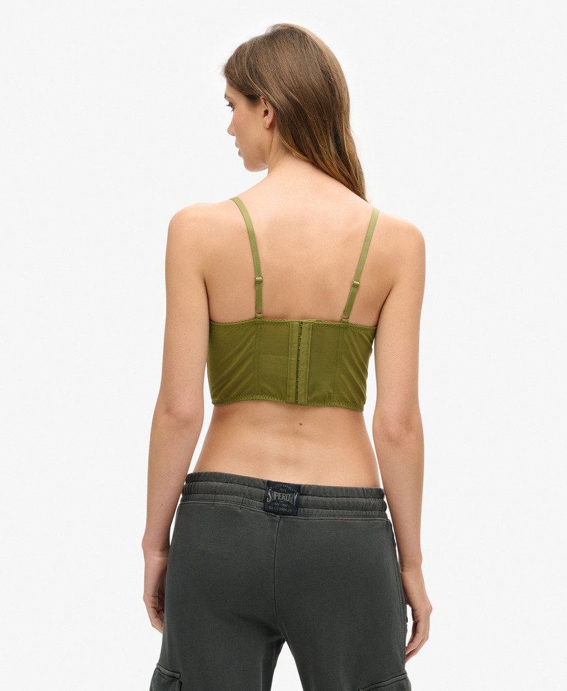 top corset em cetim e renda de tule na cor cáqui oliva