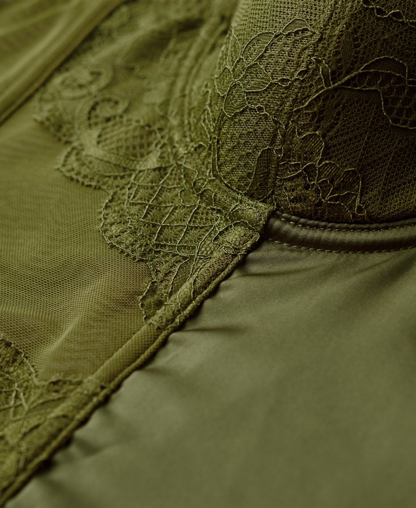 top corset em cetim e renda de tule na cor cáqui oliva