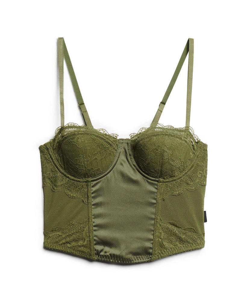 top corset em cetim e renda de tule na cor cáqui oliva