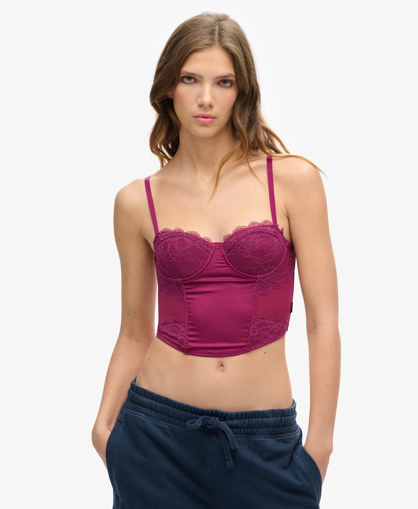 top corset de cetim e renda de tule na cor roxo magenta