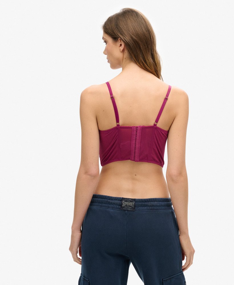 top corset de cetim e renda de tule na cor roxo magenta