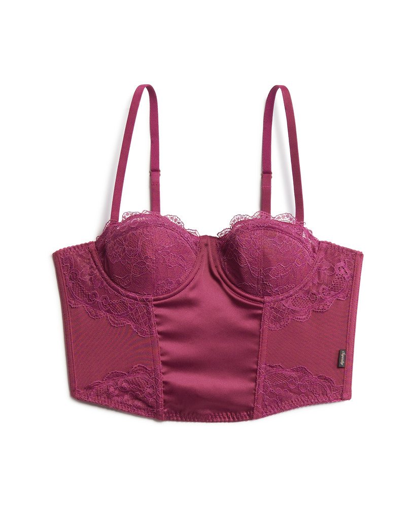top corset de cetim e renda de tule na cor roxo magenta