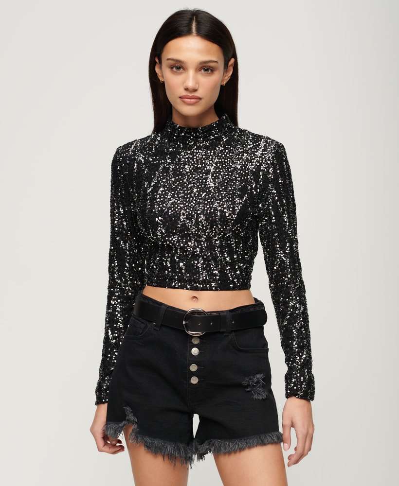 top cropped de manga comprida com lantejoulas pretas.