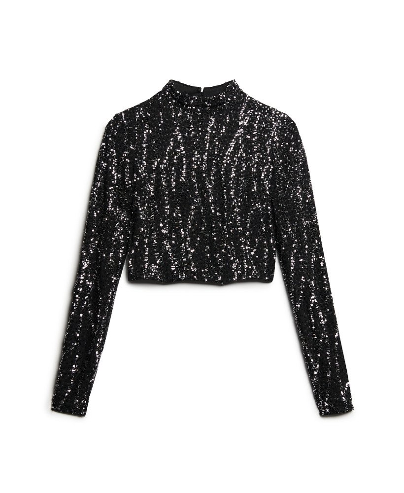 top cropped de manga comprida com lantejoulas pretas.