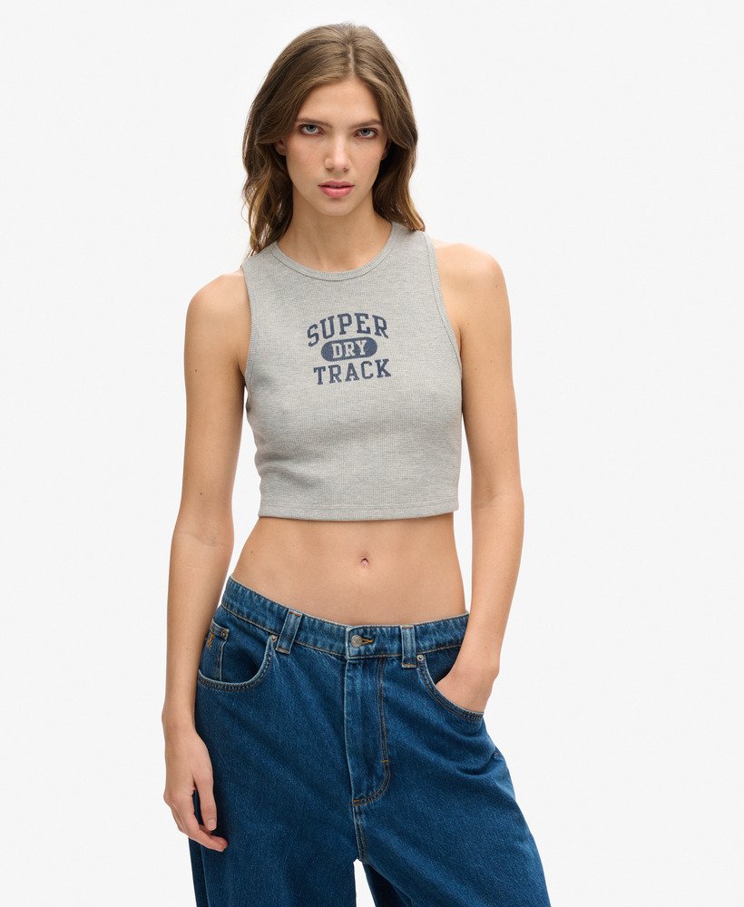 regata cropped athletic essentials waffle na cor cinza mesclado