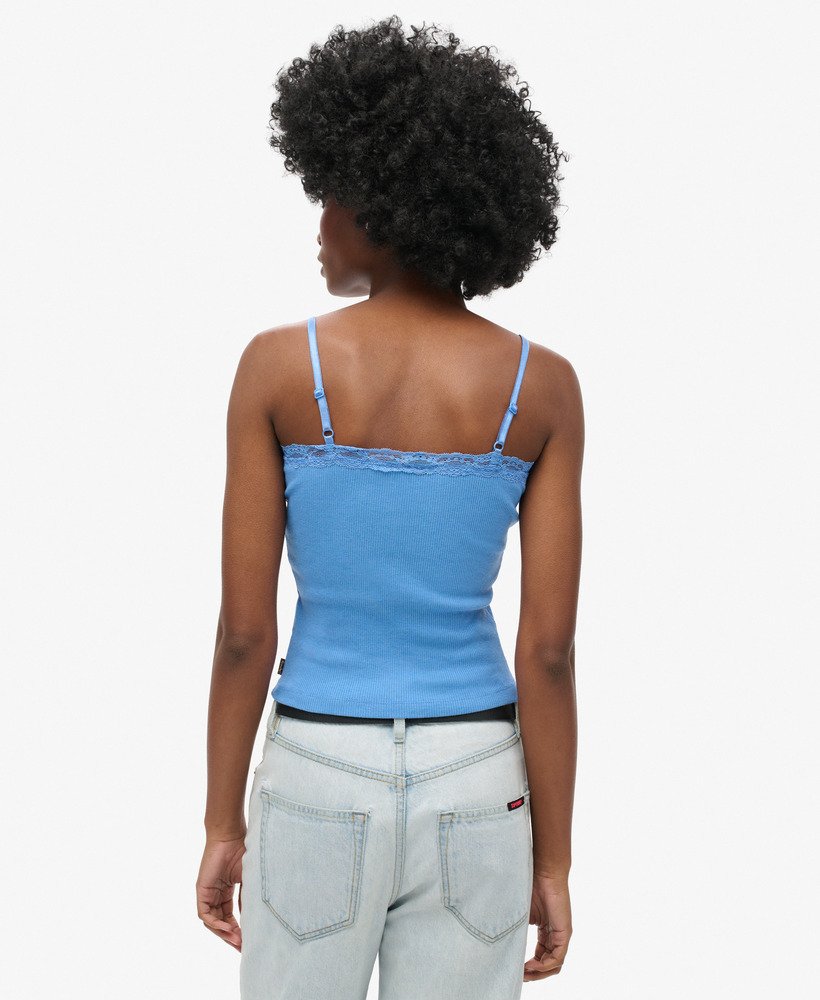 top de alças vintage em algodão orgânico com acabamento em renda canelada na cor azul mesclado rosa.