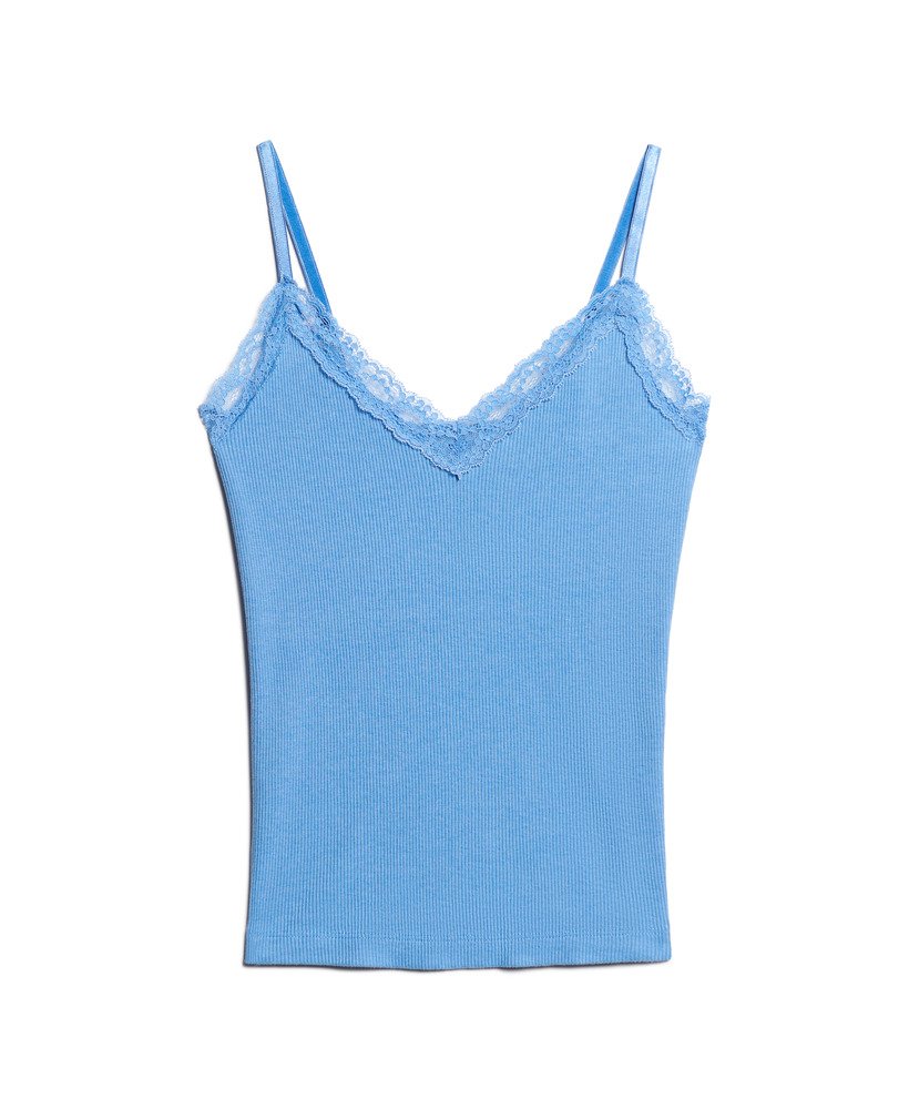 top de alças vintage em algodão orgânico com acabamento em renda canelada na cor azul mesclado rosa.
