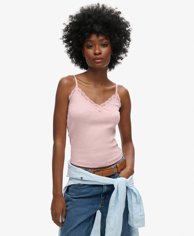 top de alças vintage em algodão orgânico com acabamento em renda canelada na cor rosa mescla suave la.