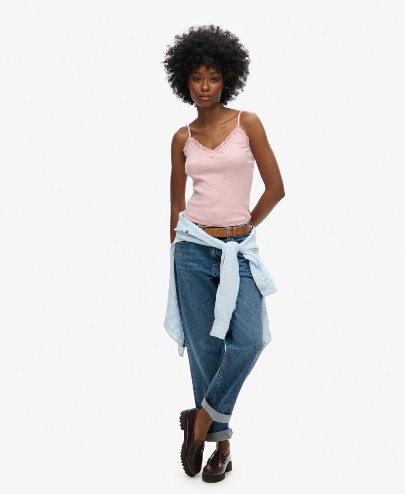 top de alças vintage em algodão orgânico com acabamento em renda canelada na cor rosa mescla suave la.
