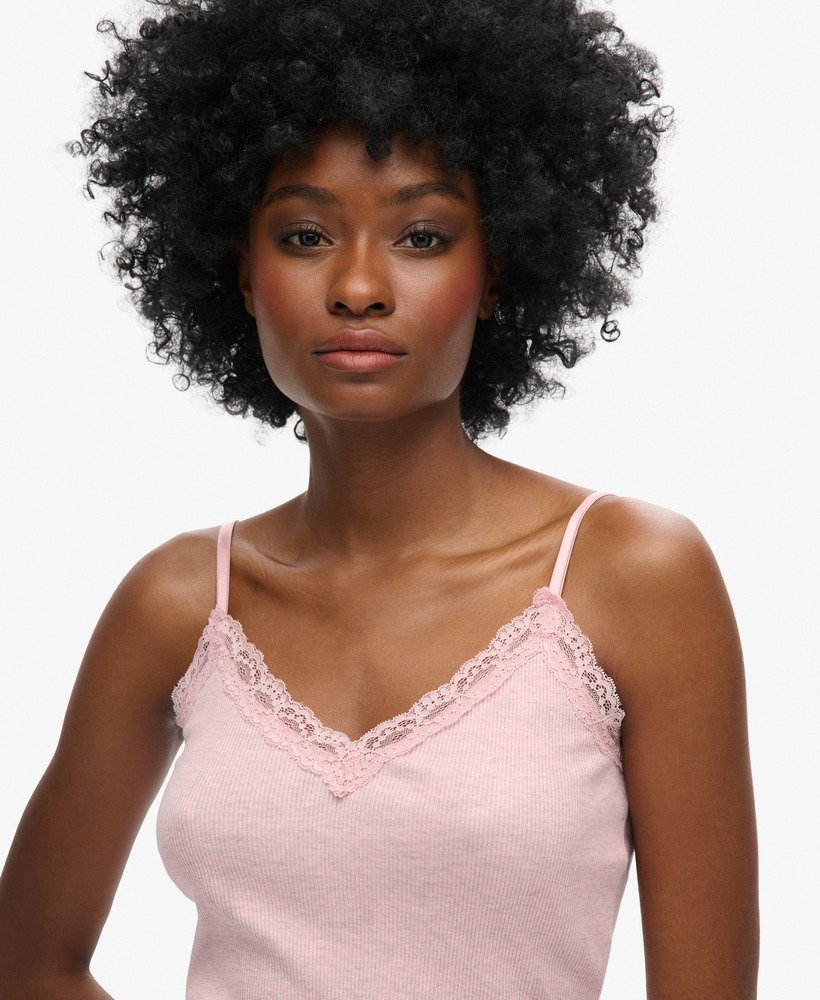 top de alças vintage em algodão orgânico com acabamento em renda canelada na cor rosa mescla suave la.