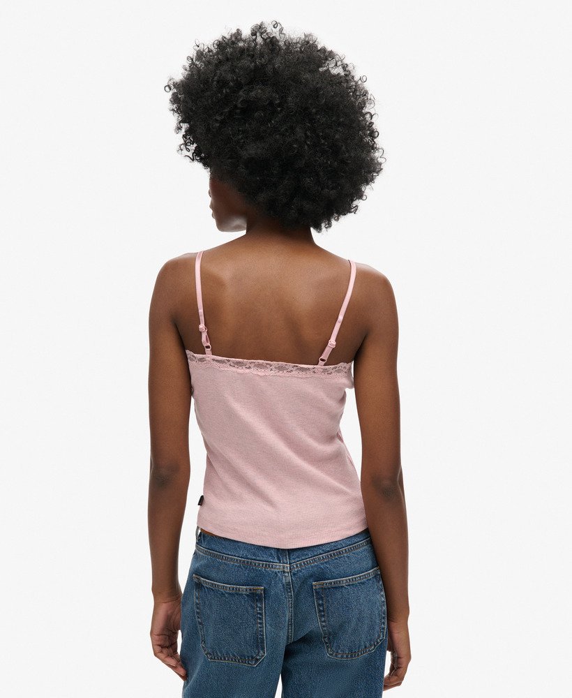 top de alças vintage em algodão orgânico com acabamento em renda canelada na cor rosa mescla suave la.