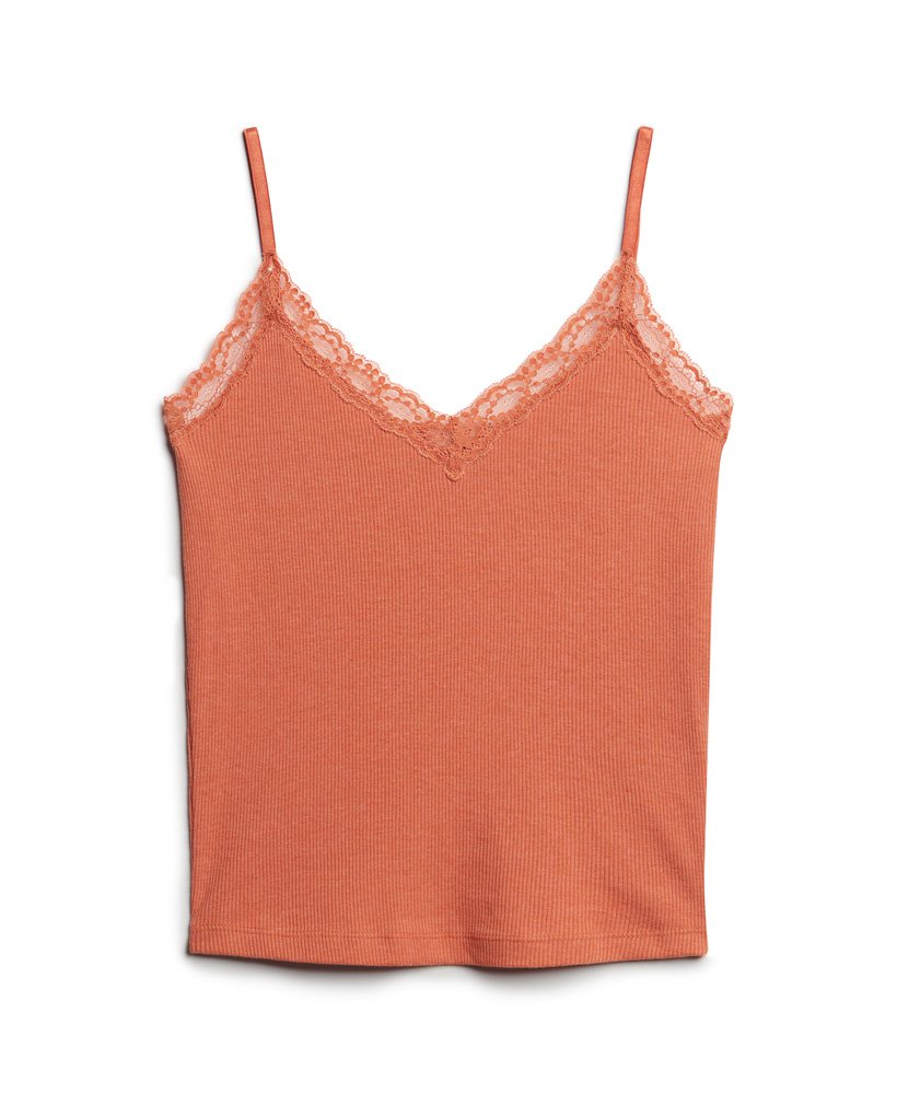 top de alças vintage em algodão orgânico com acabamento em renda canelada na cor laranja ferrugem mesclada.