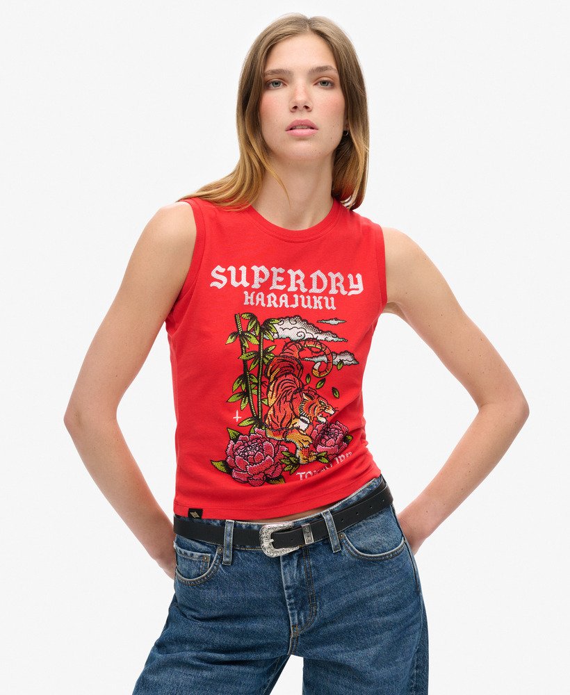 colete tattoo com strass na cor vermelho refrigerante