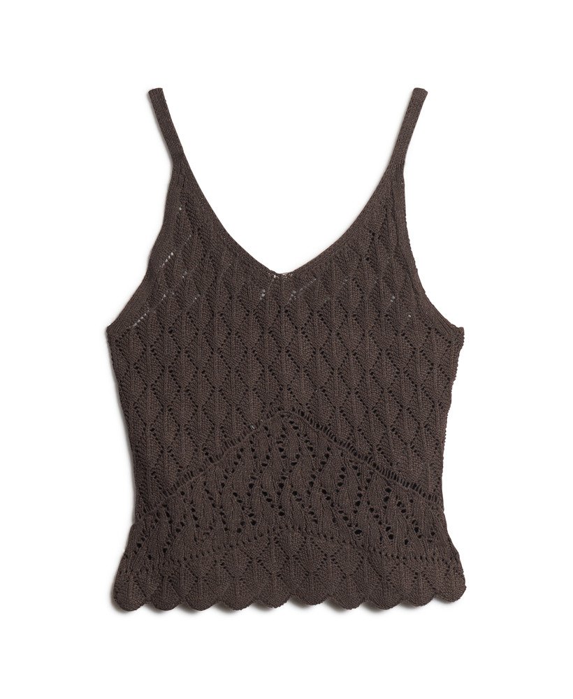 top de crochê estilo camisola na cor marrom carvalho escuro