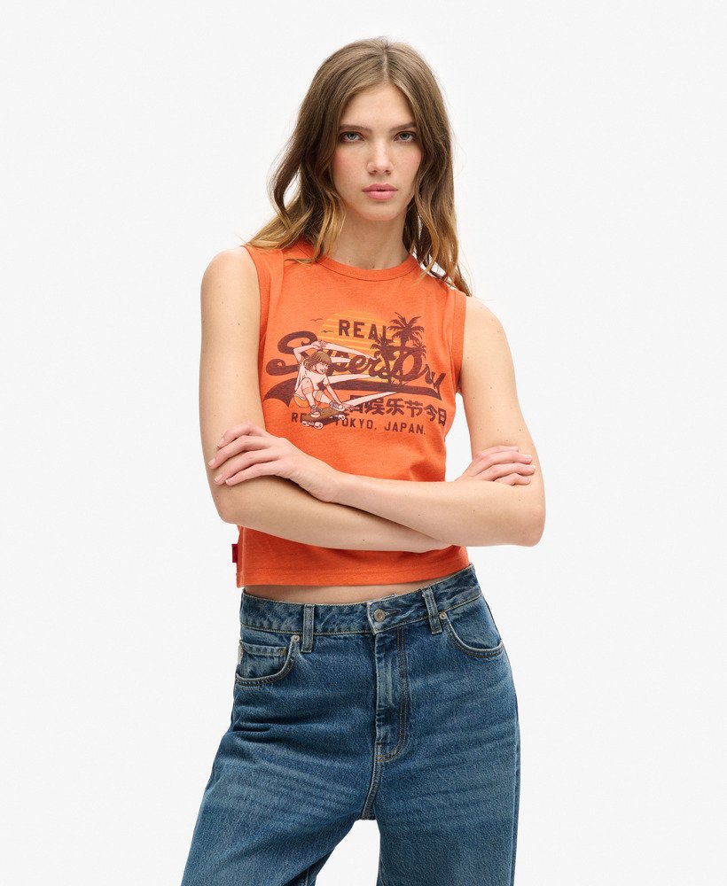 regata slim com estampa do logo vintage da la na cor laranja mesclada.