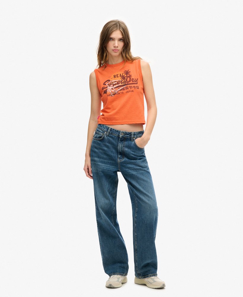 regata slim com estampa do logo vintage da la na cor laranja mesclada.