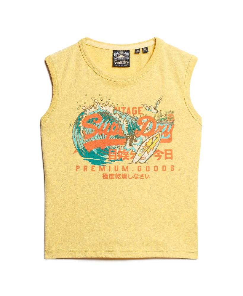 regata slim com estampa do logo vintage da la em amarelo mesclado.