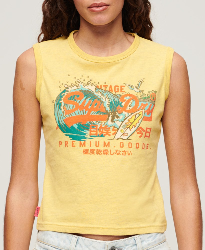 regata slim com estampa do logo vintage da la em amarelo mesclado.