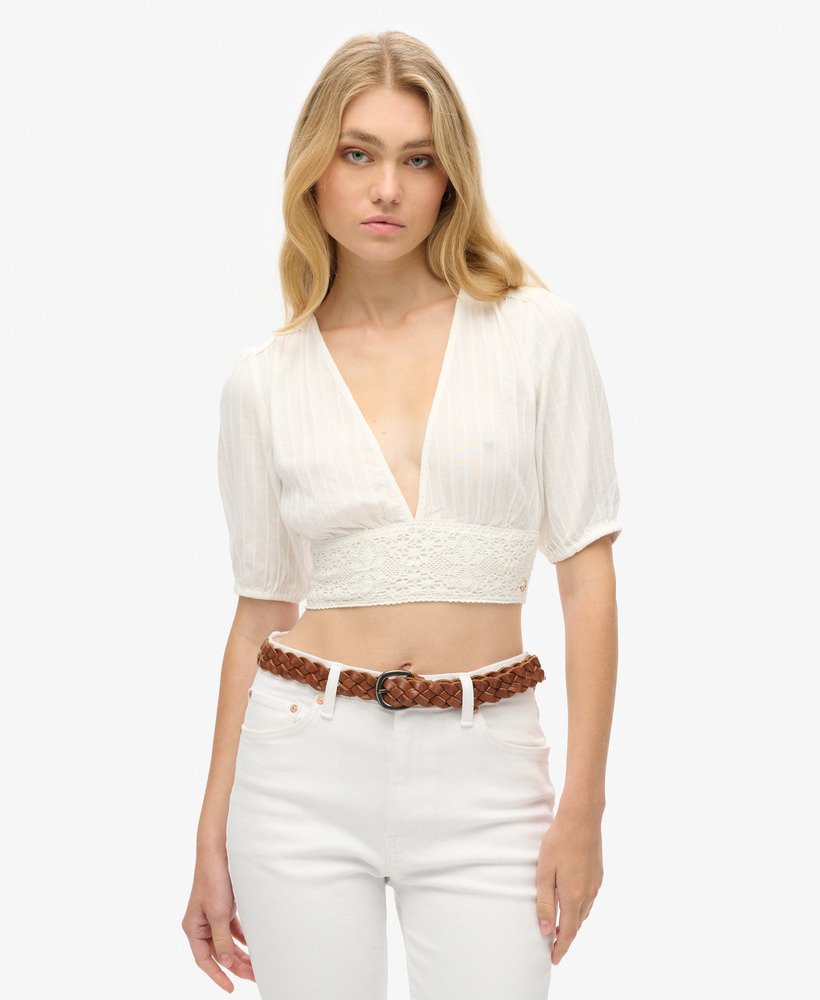 blusa ibiza de manga curta com detalhes em renda na cor off white