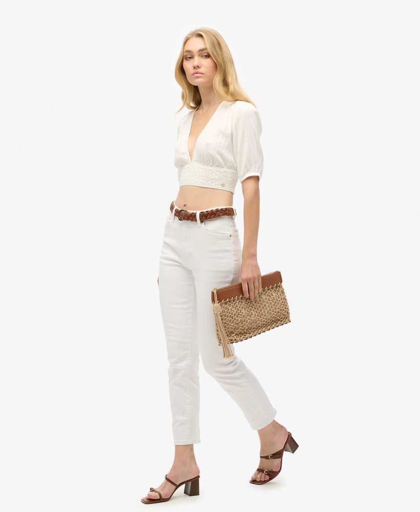 blusa ibiza de manga curta com detalhes em renda na cor off white
