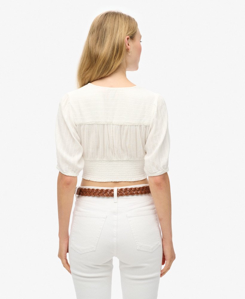 blusa ibiza de manga curta com detalhes em renda na cor off white