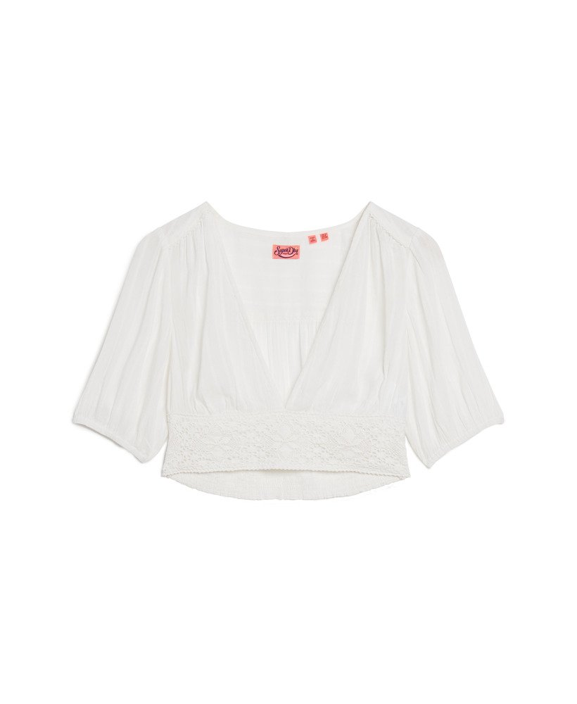 blusa ibiza de manga curta com detalhes em renda na cor off white